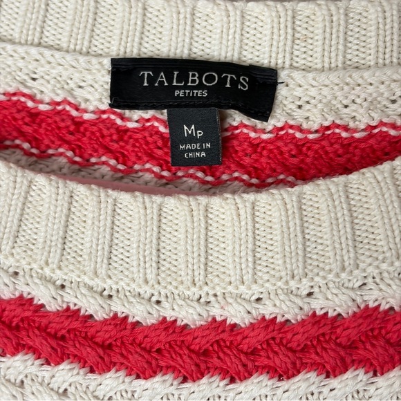 TALBOTS Coral & Beige Striped Cable Knit Crewneck Sweater, Medium Petite - Picture 8 of 10